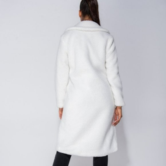 White Long Sleeve Double Breasted Loose Fit Long Maxi Teddy Bear Fur Coat - Picture 4 of 16